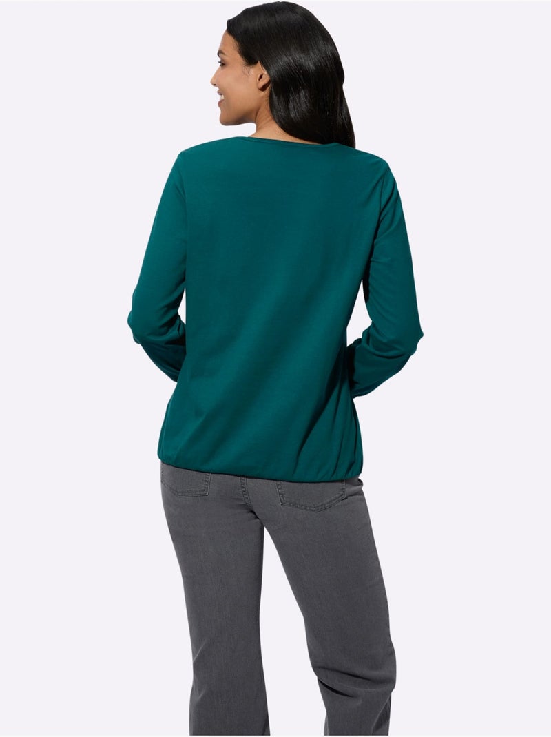 T-shirt à Manches Longues Fronce Légère à L'encolure En V - Taille Standard - Moda Vilona Bleu pétrole - Kiabi
