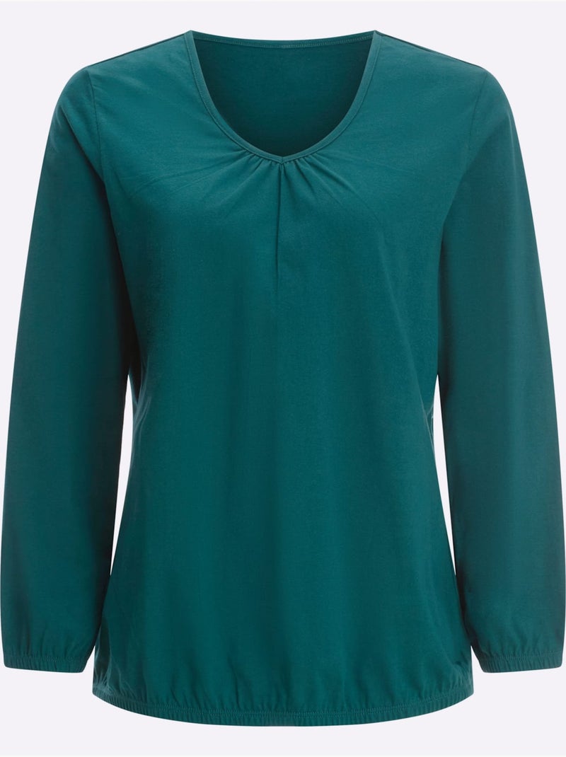 T-shirt à Manches Longues Fronce Légère à L'encolure En V - Taille Standard - Moda Vilona Bleu pétrole - Kiabi
