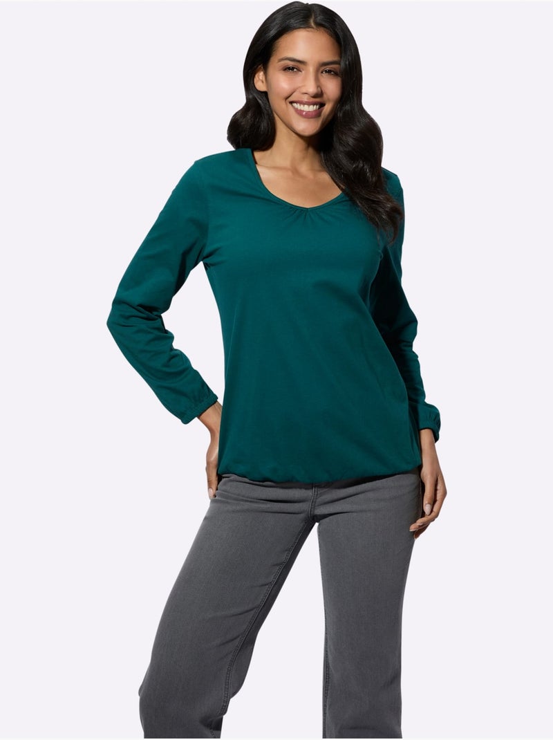 T-shirt à Manches Longues Fronce Légère à L'encolure En V - Taille Standard - Moda Vilona Bleu pétrole - Kiabi