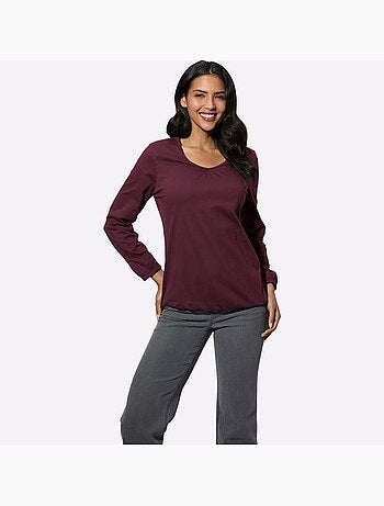 T-shirt à Manches Longues Fronce Légère à L'encolure En V - Taille Standard - Moda Vilona