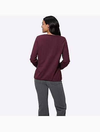 T-shirt à Manches Longues Fronce Légère à L'encolure En V - Taille Standard - Moda Vilona