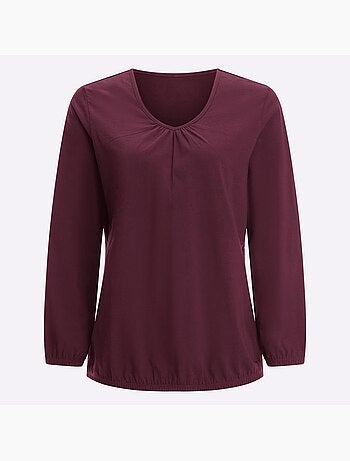 T-shirt à Manches Longues Fronce Légère à L'encolure En V - Taille Standard - Moda Vilona