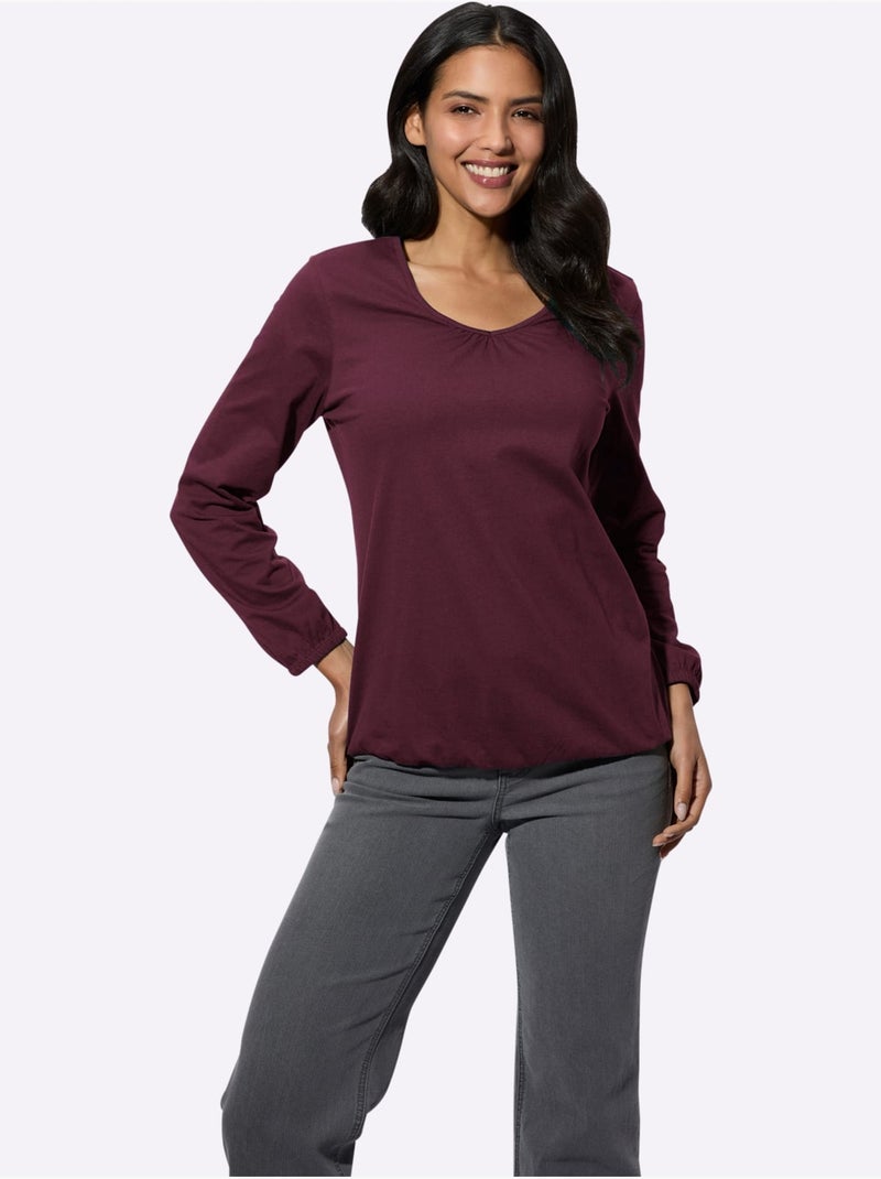 T-shirt à Manches Longues Fronce Légère à L'encolure En V - Taille Standard - Moda Vilona Noir Bordeaux - Kiabi