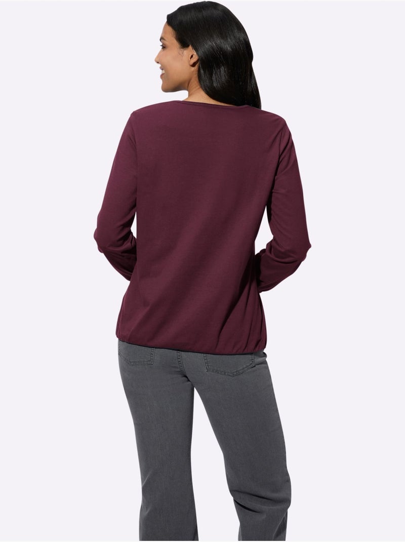 T-shirt à Manches Longues Fronce Légère à L'encolure En V - Taille Standard - Moda Vilona Noir Bordeaux - Kiabi