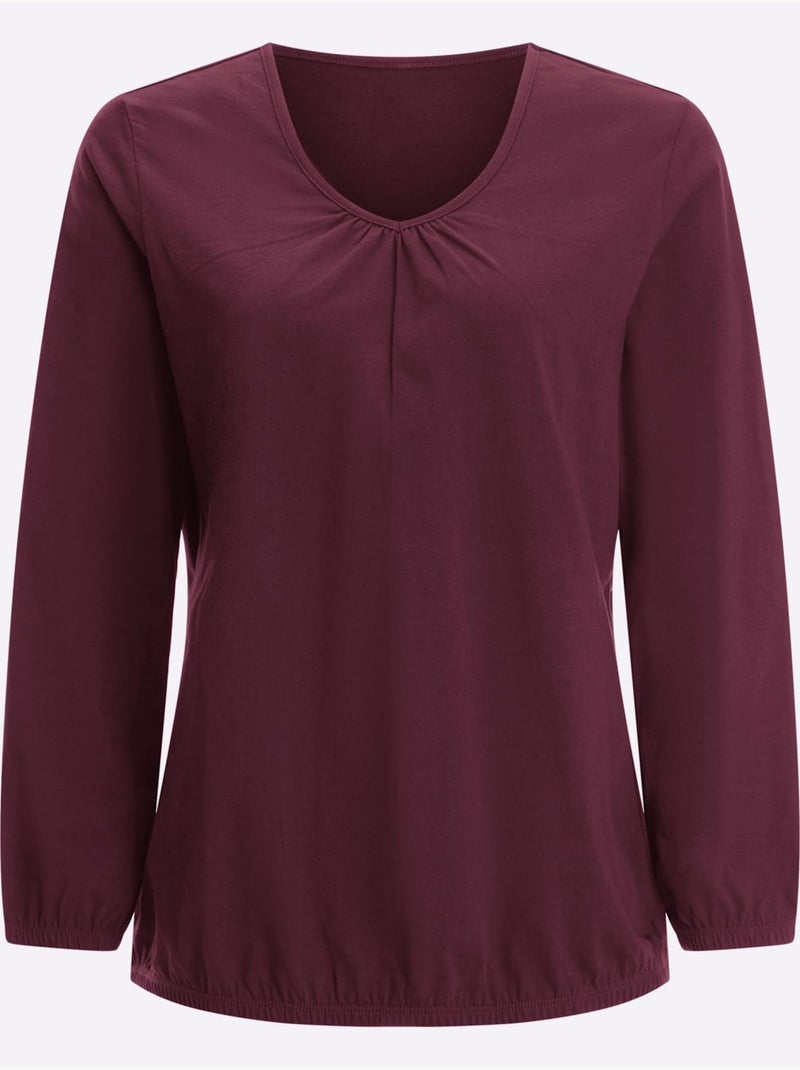 T-shirt à Manches Longues Fronce Légère à L'encolure En V - Taille Standard - Moda Vilona Noir Bordeaux - Kiabi