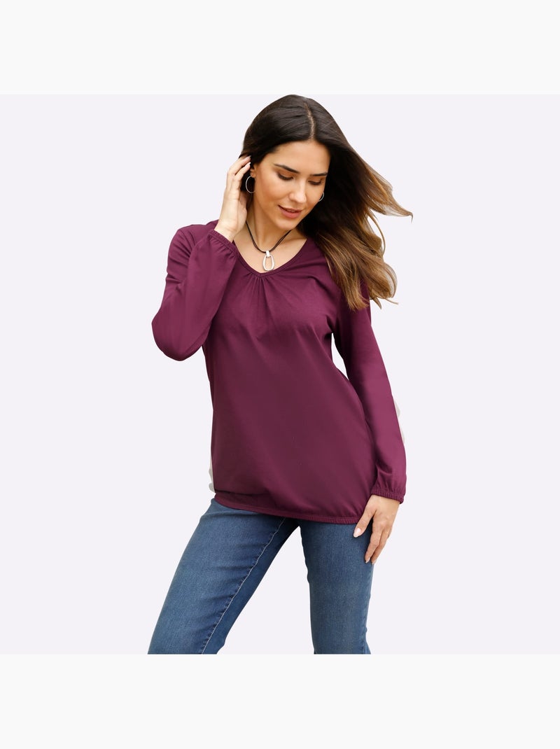 T-shirt à Manches Longues Fronce Légère à L'encolure En V - Taille Standard - Moda Vilona Noir Bordeaux - Kiabi