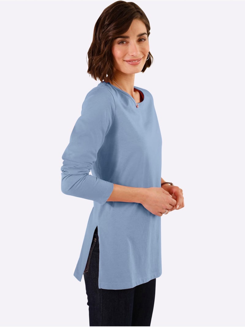 T-shirt à Manches Longues Hautes Fentes Latérales Originales - Taille Standard - Moda Vilona Bleu - Kiabi
