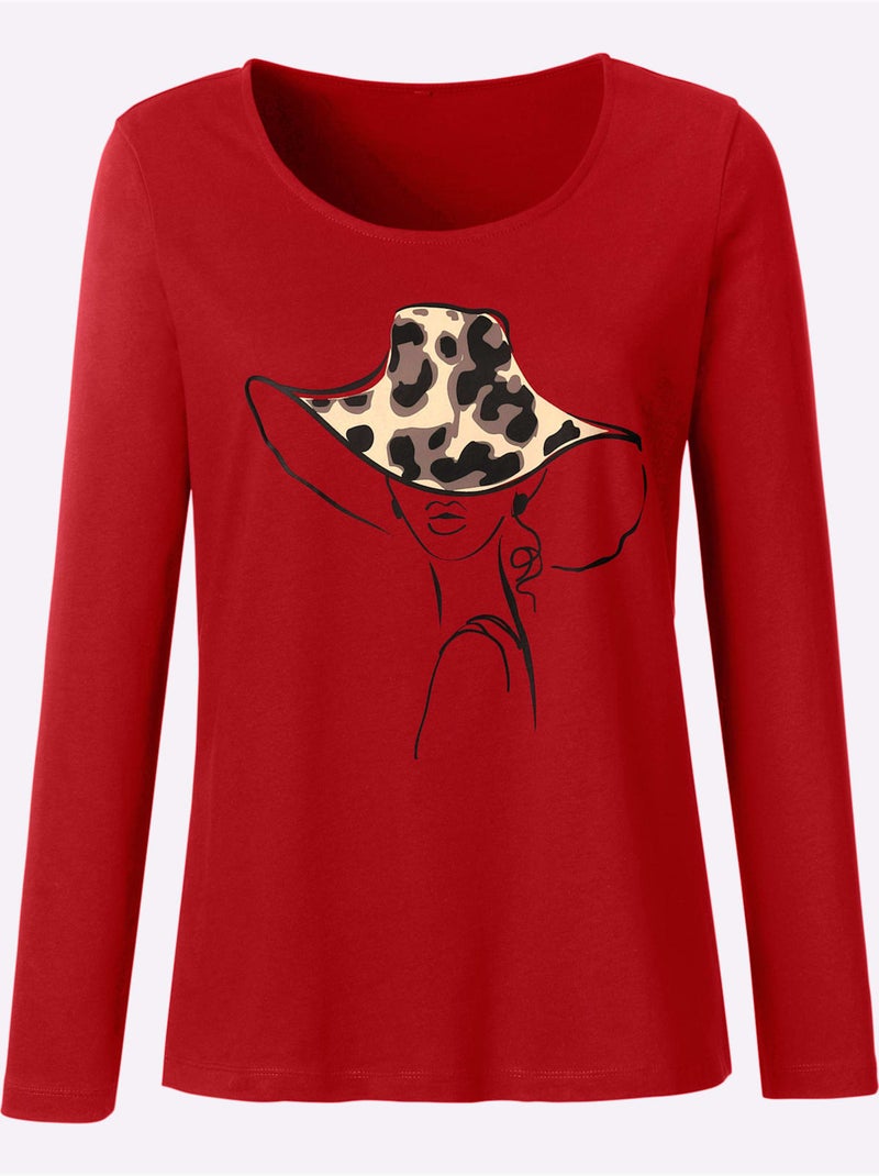 T-shirt à Manches Longues Imprimé - Taille Standard - Moda Vilona Cerise - Kiabi