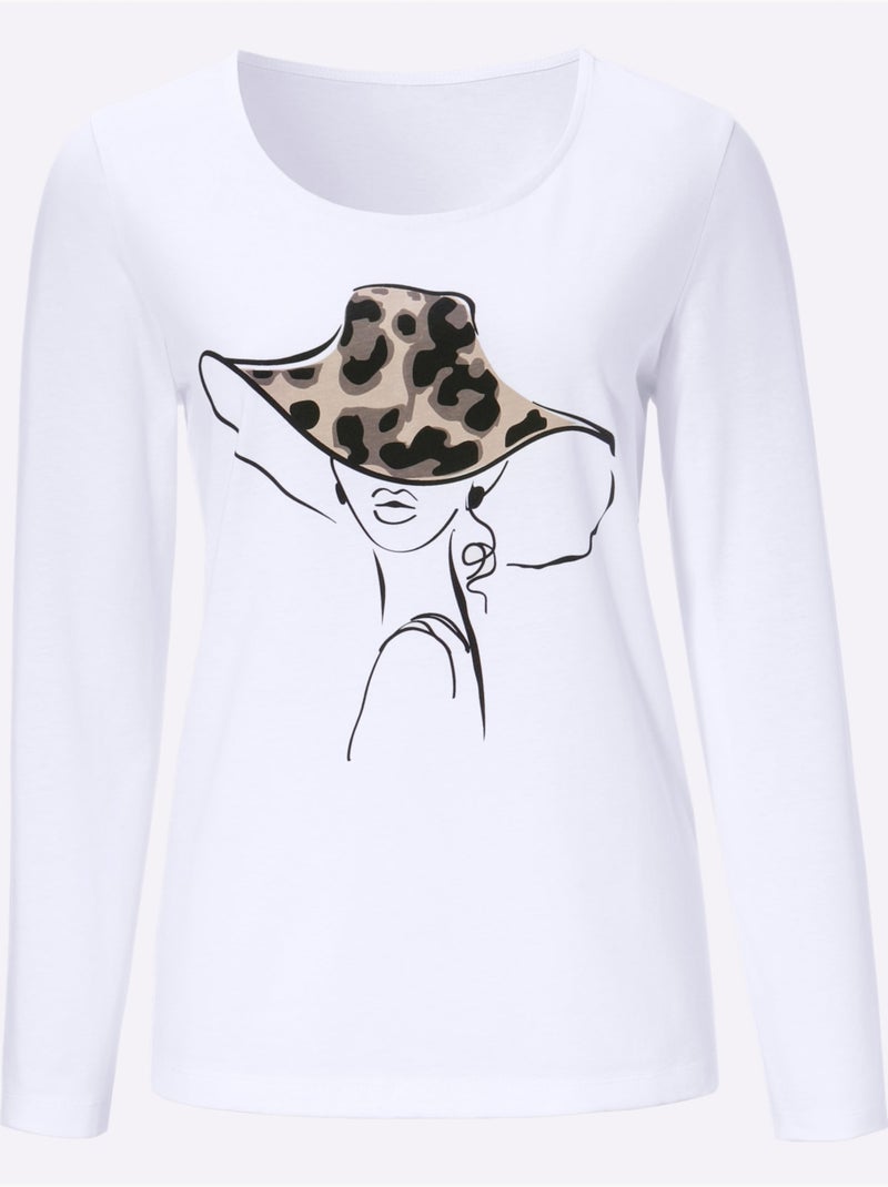 T-shirt à Manches Longues Imprimé - Taille Standard - Moda Vilona Ecru - Kiabi