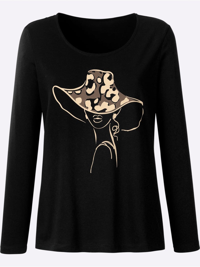 T-shirt à Manches Longues Imprimé - Taille Standard - Moda Vilona Noir - Kiabi
