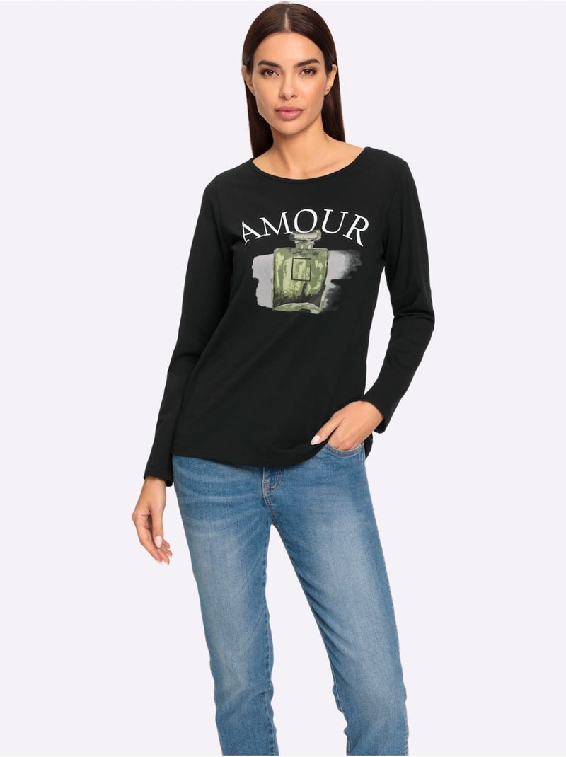 T-shirt à Manches Longues Imprimé Assorti - Taille Standard - Helline Noir - Kiabi