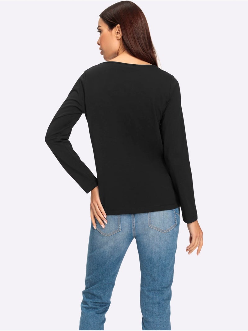 T-shirt à Manches Longues Imprimé Assorti - Taille Standard - Helline Noir - Kiabi