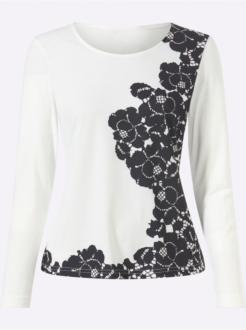 T-shirt à manches longues imprimé dentelle tendance - taille standard - helline Noir Ecru Noir - Kiabi