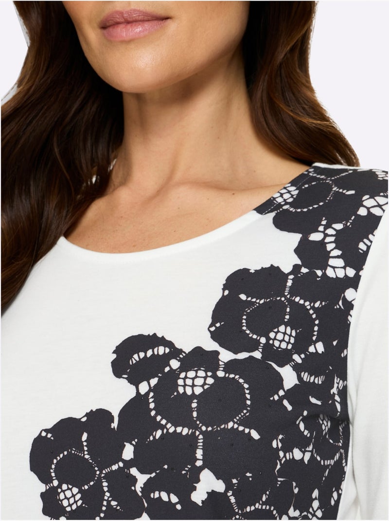 T-shirt à manches longues imprimé dentelle tendance - taille standard - helline Noir Ecru Noir - Kiabi