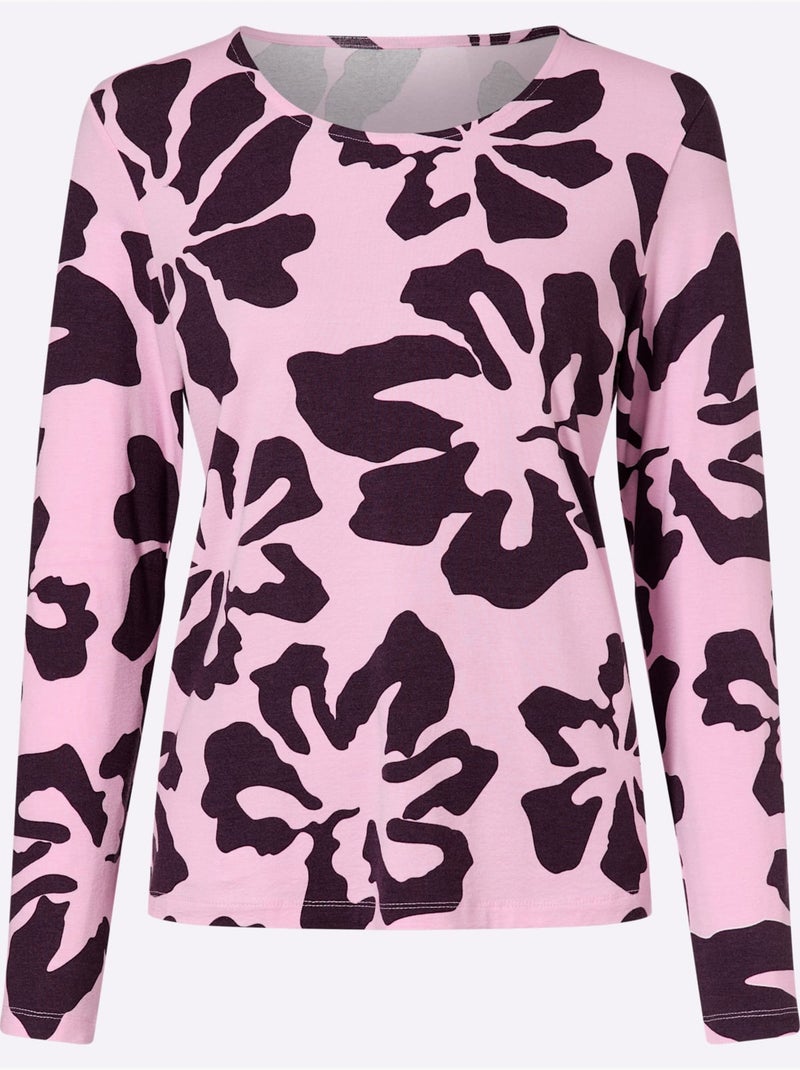 T-shirt à Manches Longues Imprimé Floral - Taille Standard - Helline Noir/Rose/Violet - Kiabi