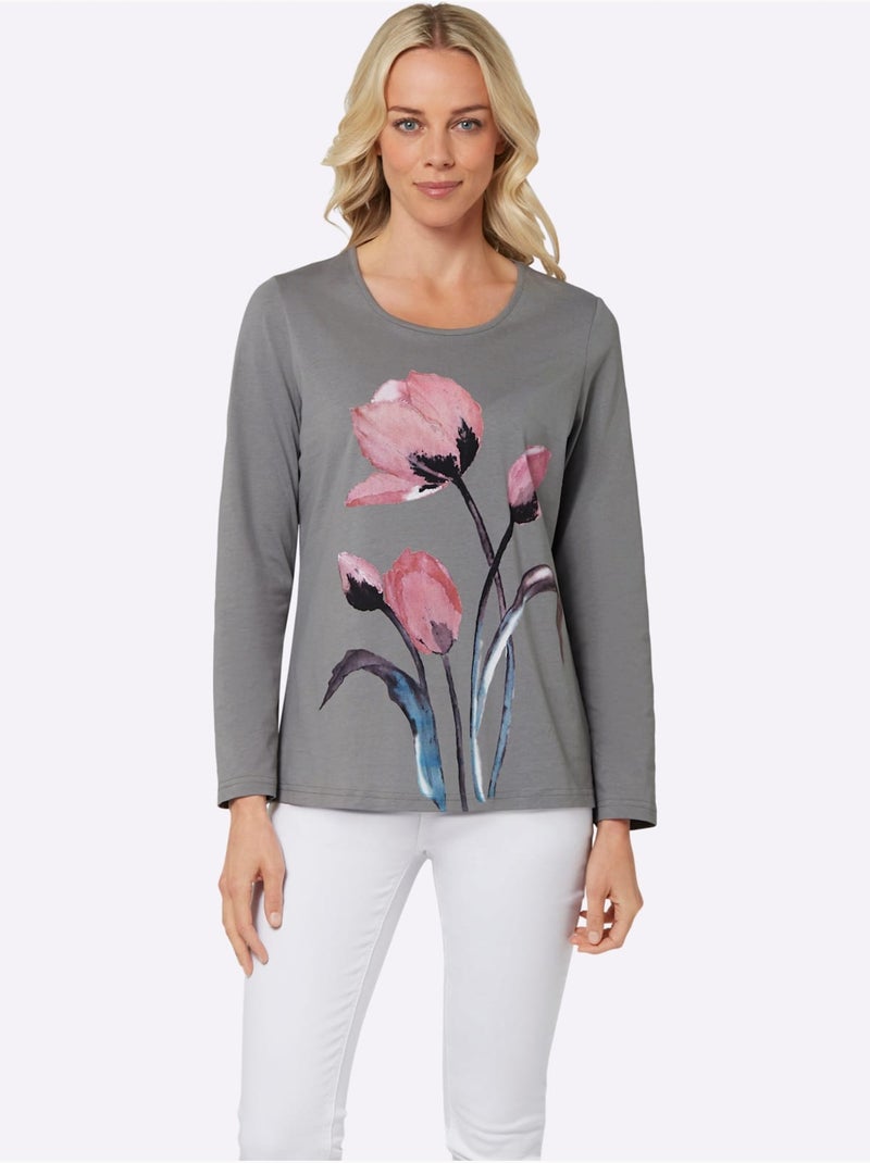 T-shirt à Manches Longues Imprimé Floral - Taille Standard - Moda Vilona Gris - Kiabi
