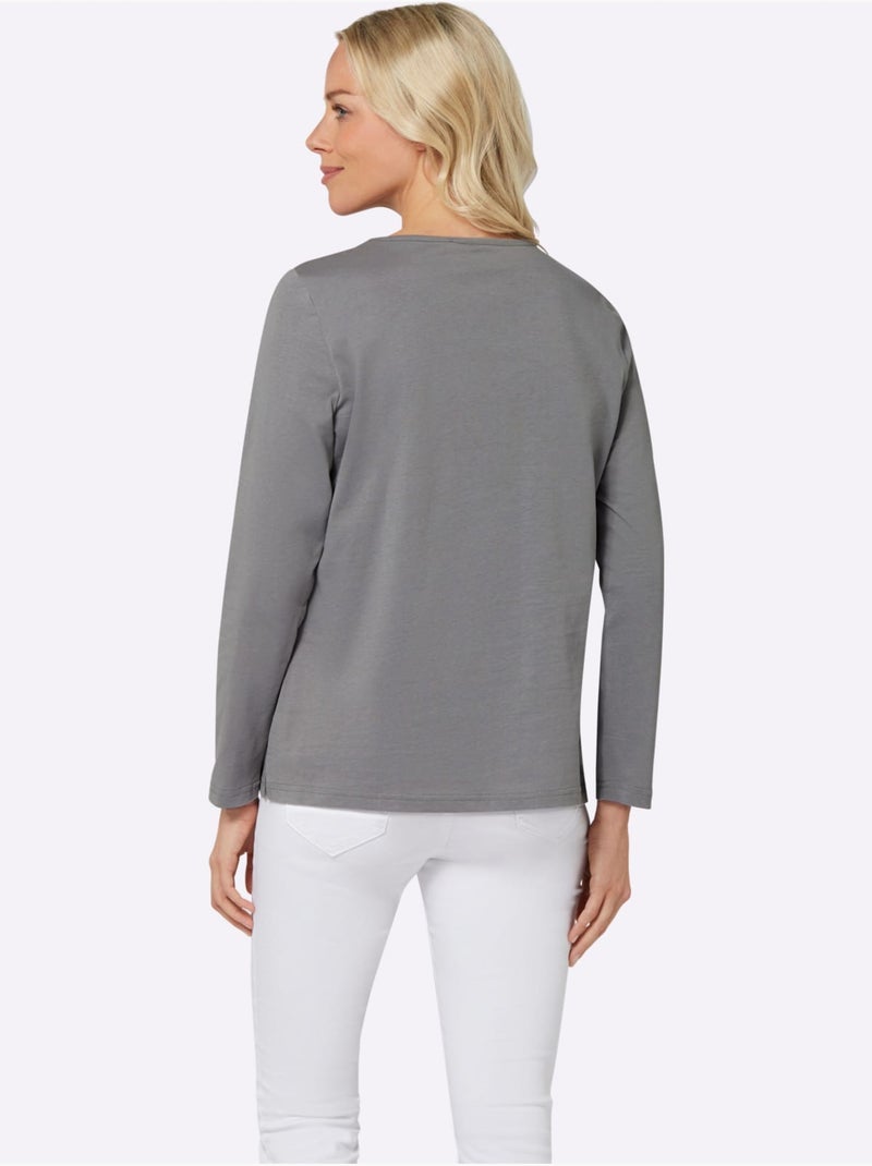 T-shirt à Manches Longues Imprimé Floral - Taille Standard - Moda Vilona Gris - Kiabi