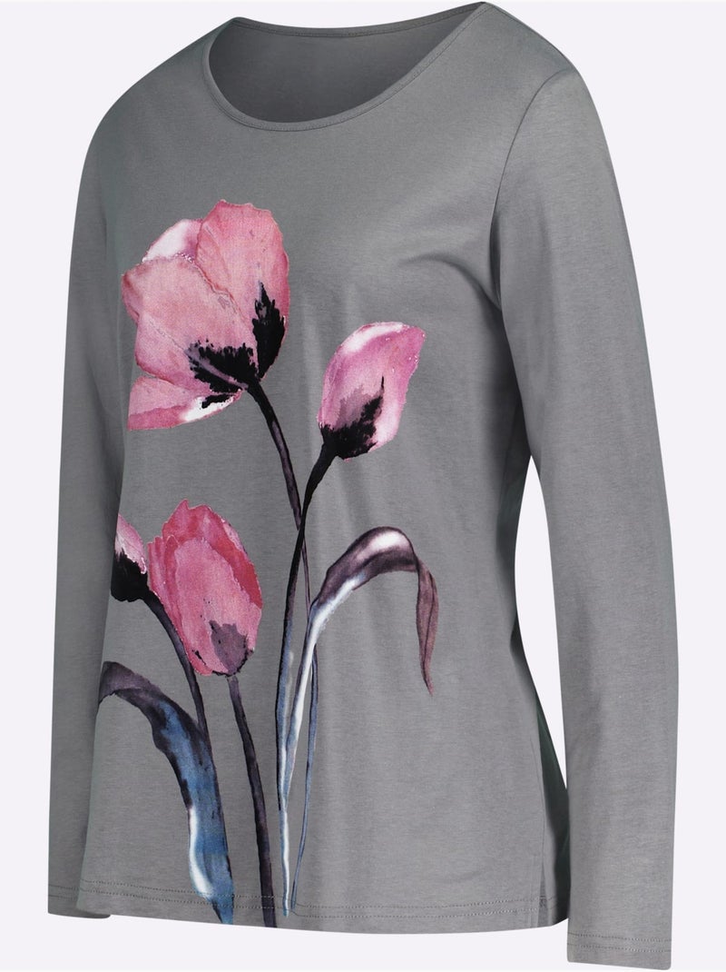 T-shirt à Manches Longues Imprimé Floral - Taille Standard - Moda Vilona Gris - Kiabi