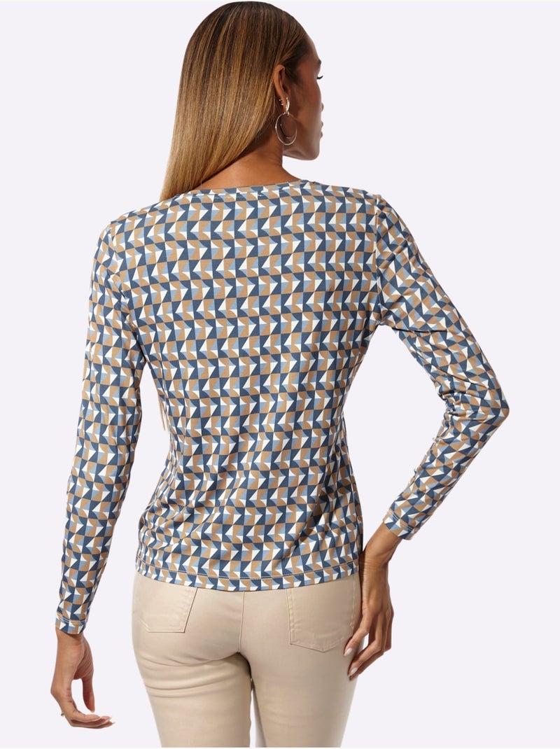 T-shirt à Manches Longues Jersey Fin - Taille Standard - Helline Bleu Ecru - Kiabi