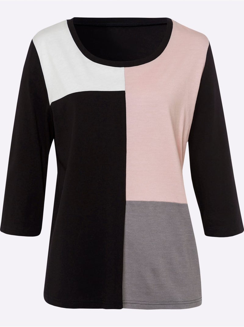 T-shirt à Manches Longues Joli Aspect Patchwork - Taille Standard - Moda Vilona Noir - Kiabi