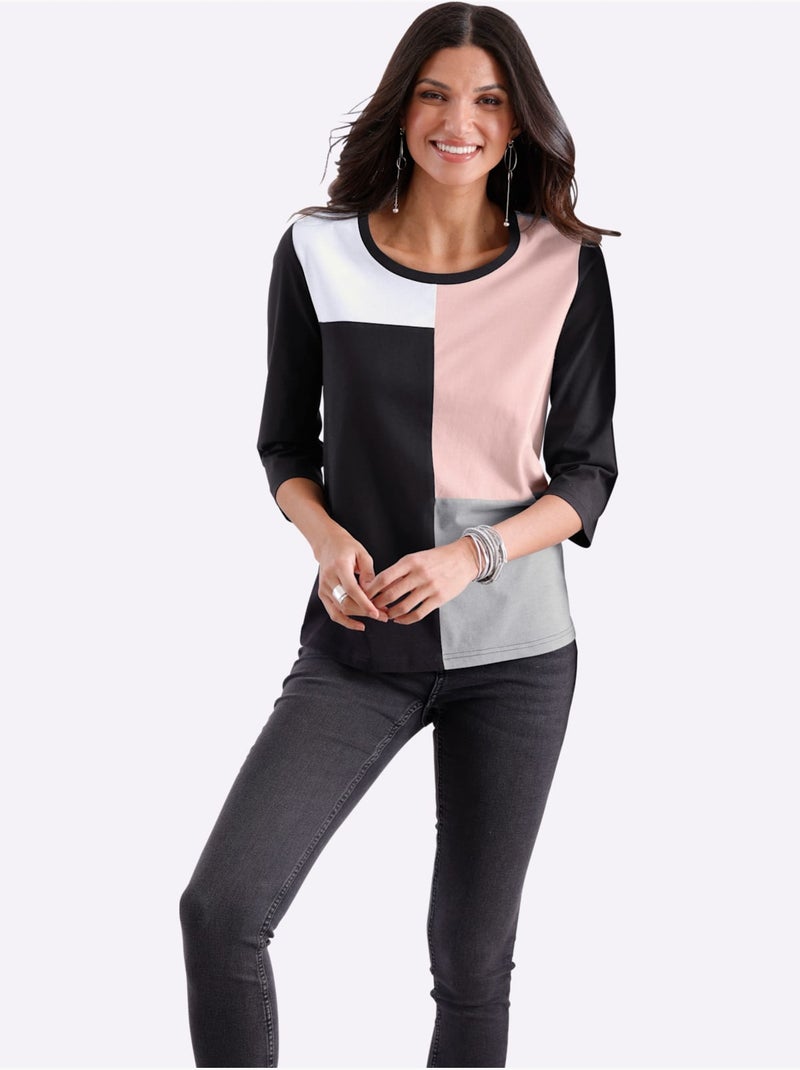 T-shirt à Manches Longues Joli Aspect Patchwork - Taille Standard - Moda Vilona Noir - Kiabi
