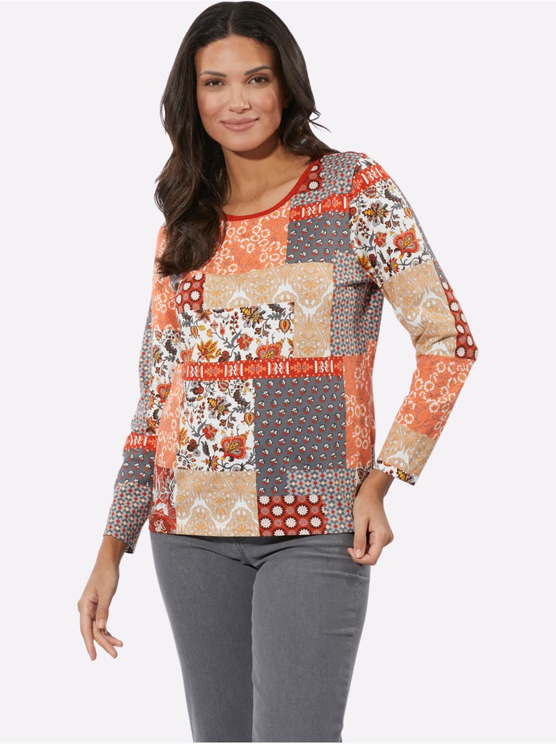 T-shirt à Manches Longues Joli Aspect Patchwork - Taille Standard - Moda Vilona Orange - Kiabi