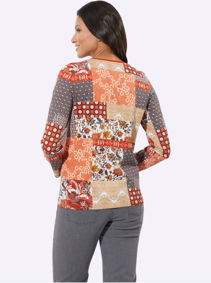 T-shirt à Manches Longues Joli Aspect Patchwork - Taille Standard - Moda Vilona Orange - Kiabi