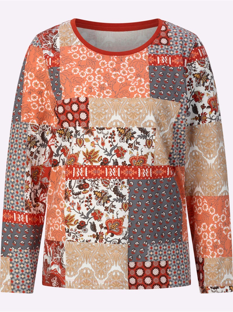 T-shirt à Manches Longues Joli Aspect Patchwork - Taille Standard - Moda Vilona Orange - Kiabi