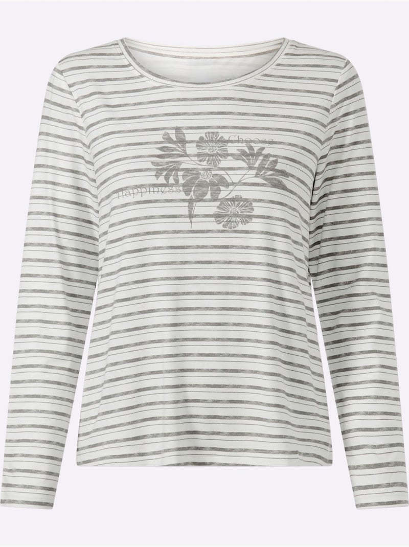 T-shirt à manches longues joli motif à rayures - taille standard - helline Gris Ecru - Kiabi