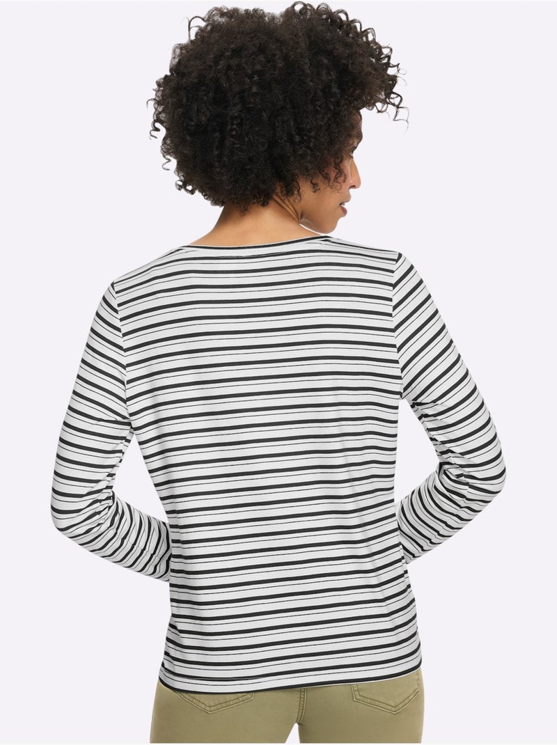 T-shirt à manches longues joli motif à rayures - taille standard - helline Noir Ecru - Kiabi