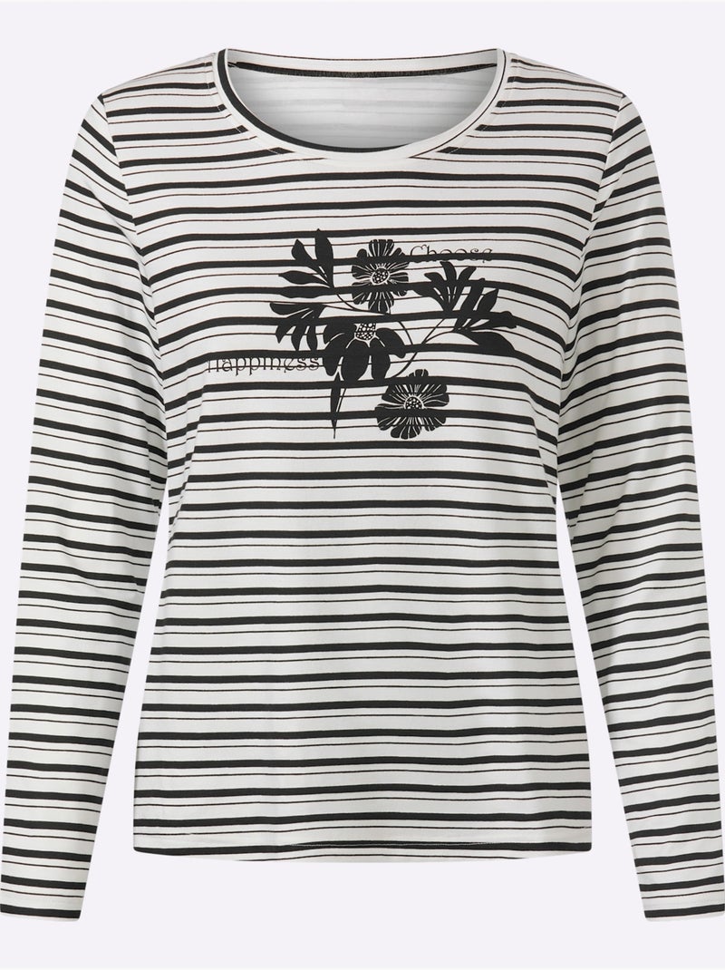 T-shirt à manches longues joli motif à rayures - taille standard - helline Noir Ecru - Kiabi