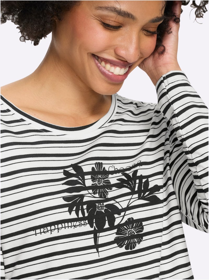 T-shirt à manches longues joli motif à rayures - taille standard - helline Noir Ecru - Kiabi