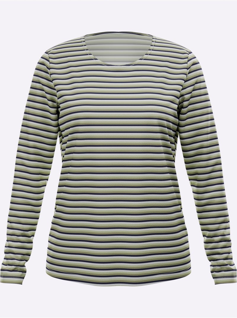 T-shirt à Manches Longues Joli Motif à Rayures - Taille Standard - Moda Vilona Bleu Vert - Kiabi