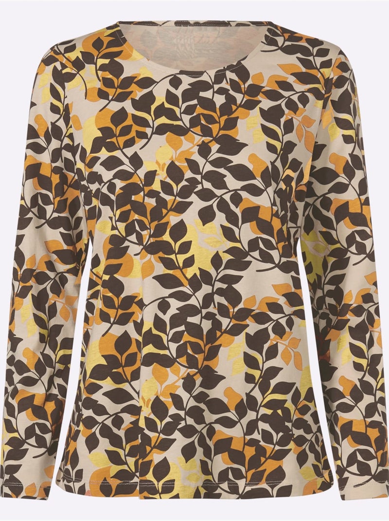 T-shirt à manches longues joli motif feuilles - taille standard - moda vilona Ocre - Kiabi