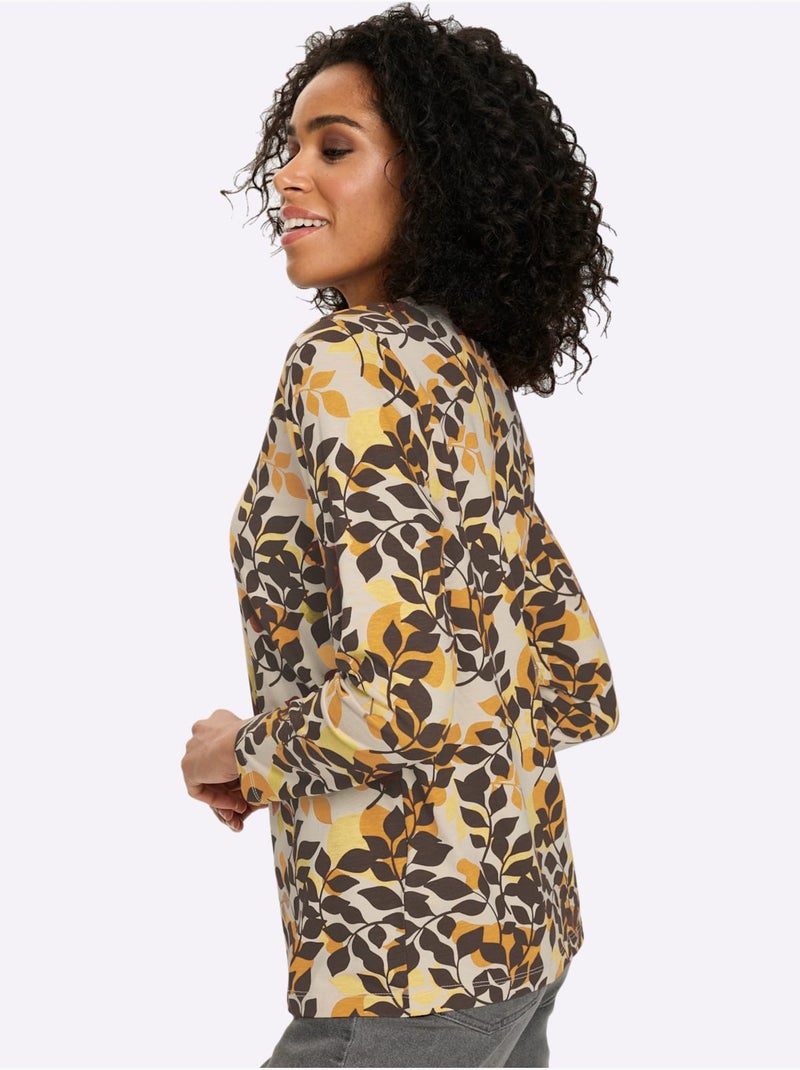 T-shirt à manches longues joli motif feuilles - taille standard - moda vilona Ocre - Kiabi
