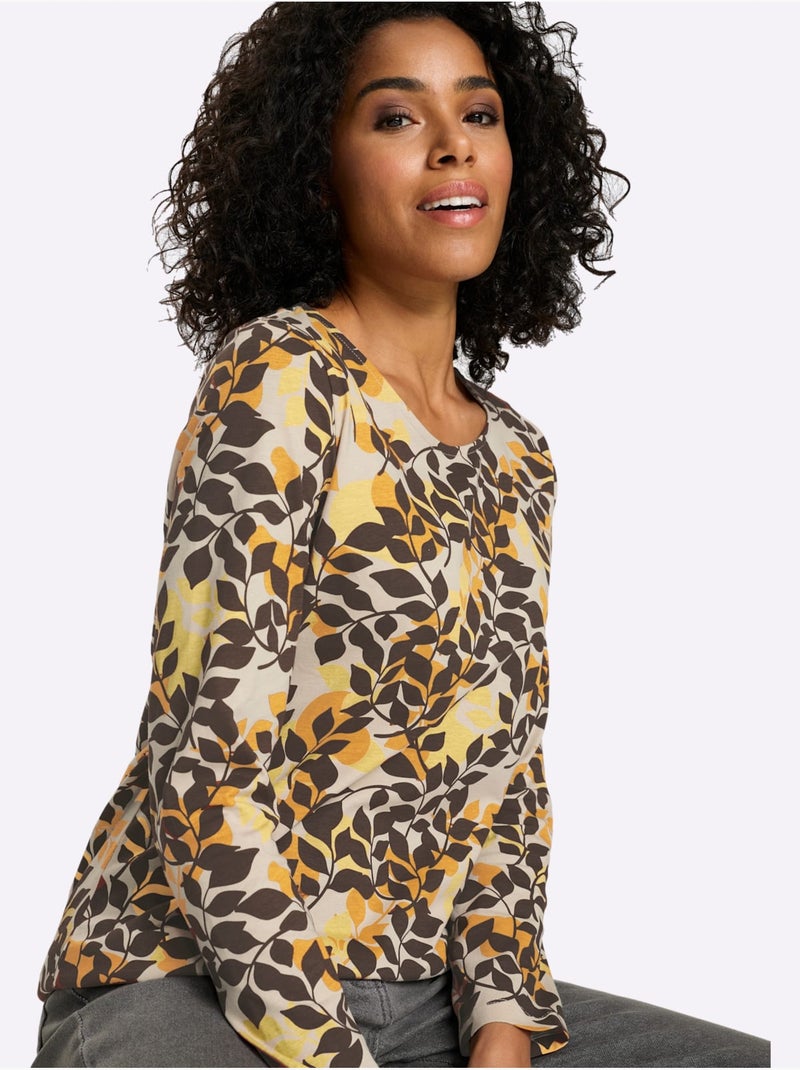 T-shirt à manches longues joli motif feuilles - taille standard - moda vilona Ocre - Kiabi