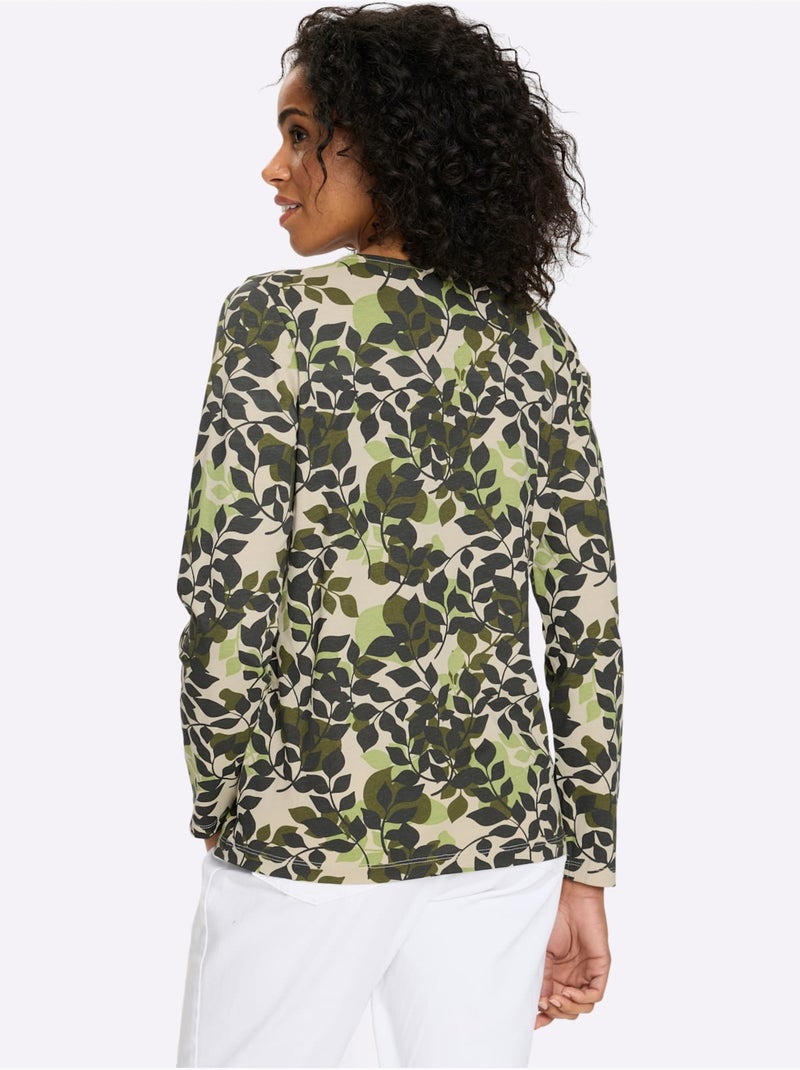 T-shirt à manches longues joli motif feuilles - taille standard - moda vilona Vert olive - Kiabi