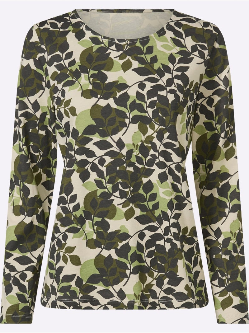 T-shirt à manches longues joli motif feuilles - taille standard - moda vilona Vert olive - Kiabi