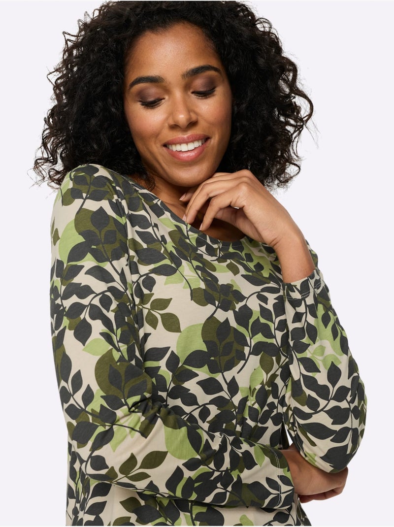 T-shirt à manches longues joli motif feuilles - taille standard - moda vilona Vert olive - Kiabi