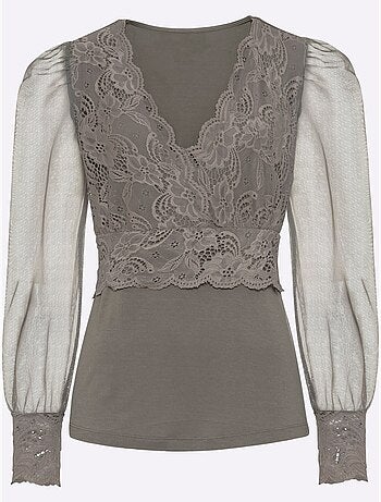 T-shirt à Manches Longues Jolie Dentelle Sur L'encolure - Taille Standard - Helline