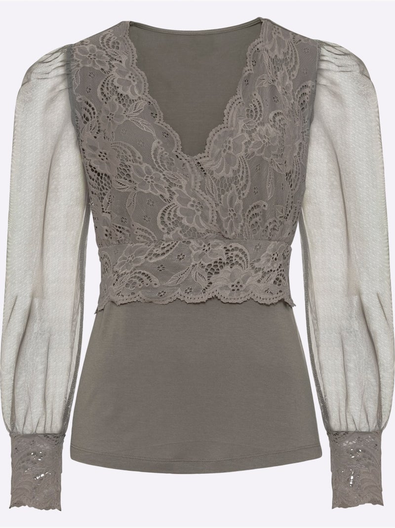 T-shirt à Manches Longues Jolie Dentelle Sur L'encolure - Taille Standard - Helline Gris taupe - Kiabi