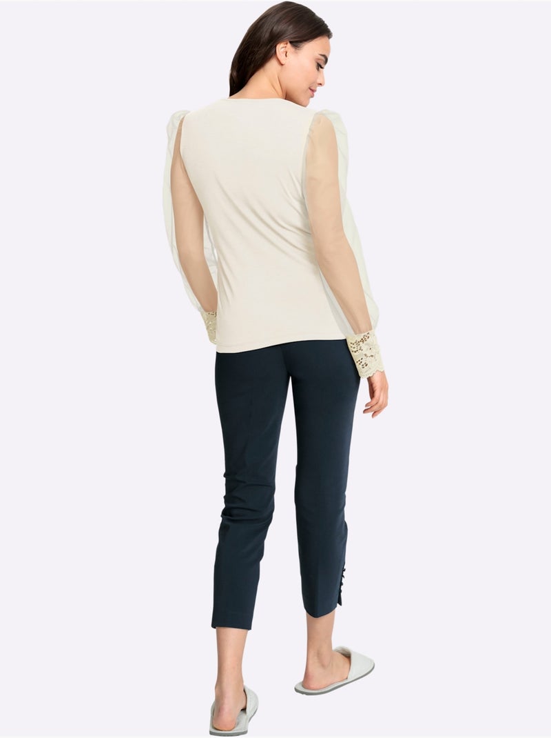 T-shirt à Manches Longues Jolie Dentelle Sur L'encolure - Taille Standard - Helline Ivoire - Kiabi