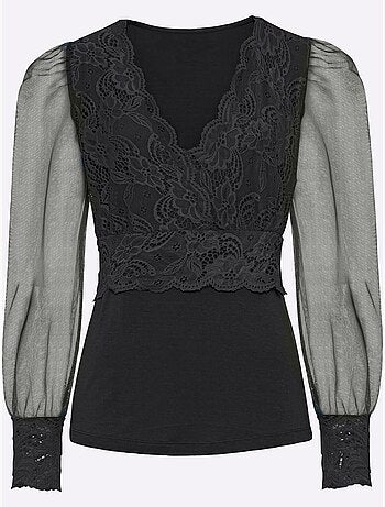 T-shirt à Manches Longues Jolie Dentelle Sur L'encolure - Taille Standard - Helline