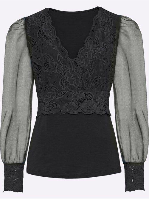 T-shirt à Manches Longues Jolie Dentelle Sur L'encolure - Taille Standard - Helline - Kiabi