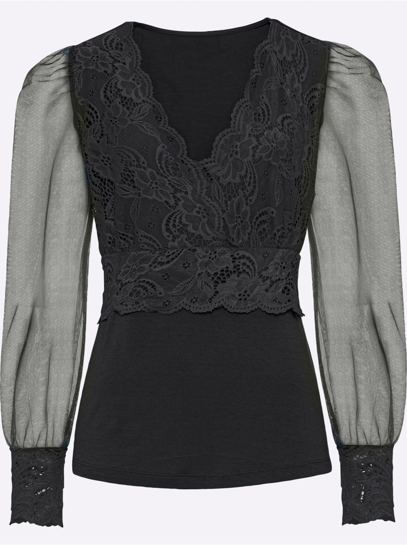 T-shirt à Manches Longues Jolie Dentelle Sur L'encolure - Taille Standard - Helline Noir - Kiabi