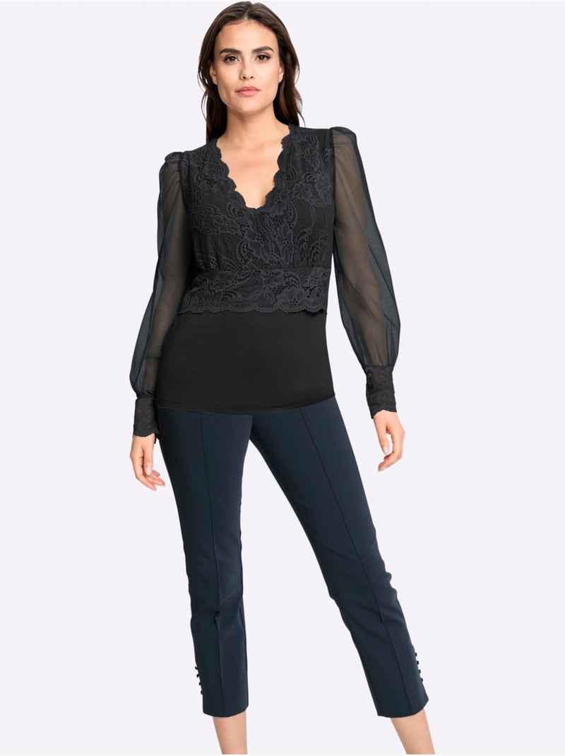 T-shirt à Manches Longues Jolie Dentelle Sur L'encolure - Taille Standard - Helline Noir - Kiabi