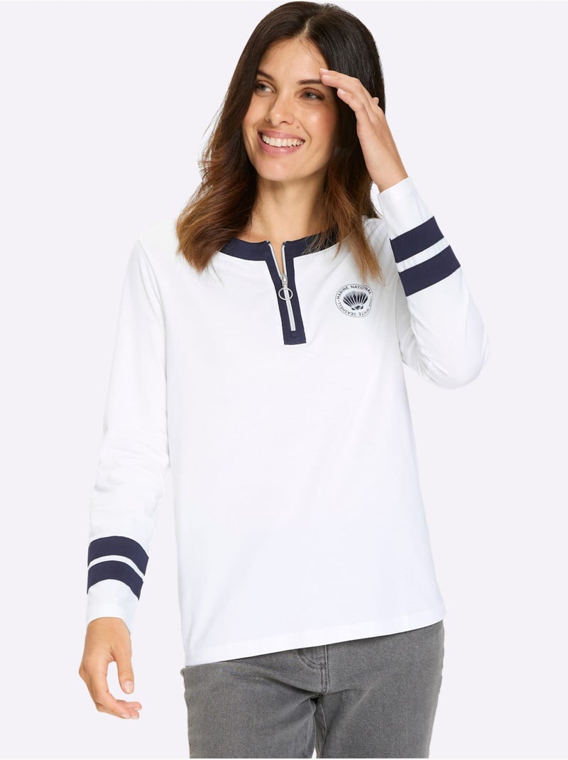 T-shirt à Manches Longues Jolis Contrastes - Taille Standard - Moda Vilona Blanc Bleu marine - Kiabi