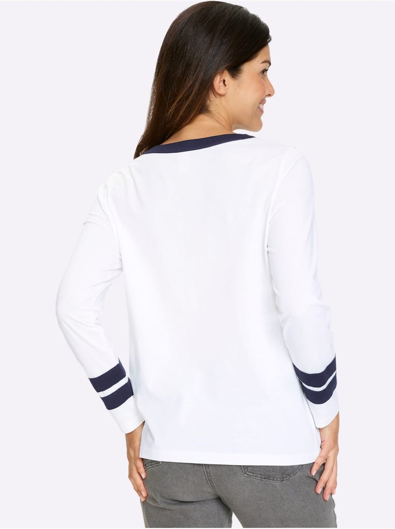 T-shirt à Manches Longues Jolis Contrastes - Taille Standard - Moda Vilona Blanc Bleu marine - Kiabi