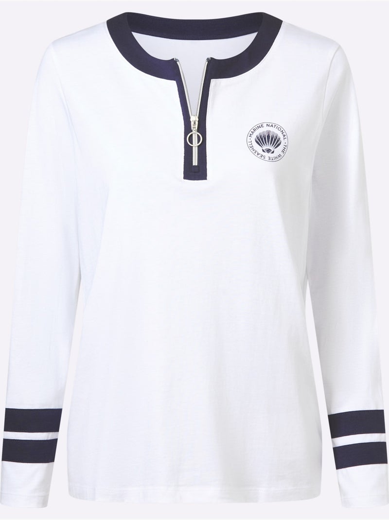 T-shirt à Manches Longues Jolis Contrastes - Taille Standard - Moda Vilona Blanc Bleu marine - Kiabi