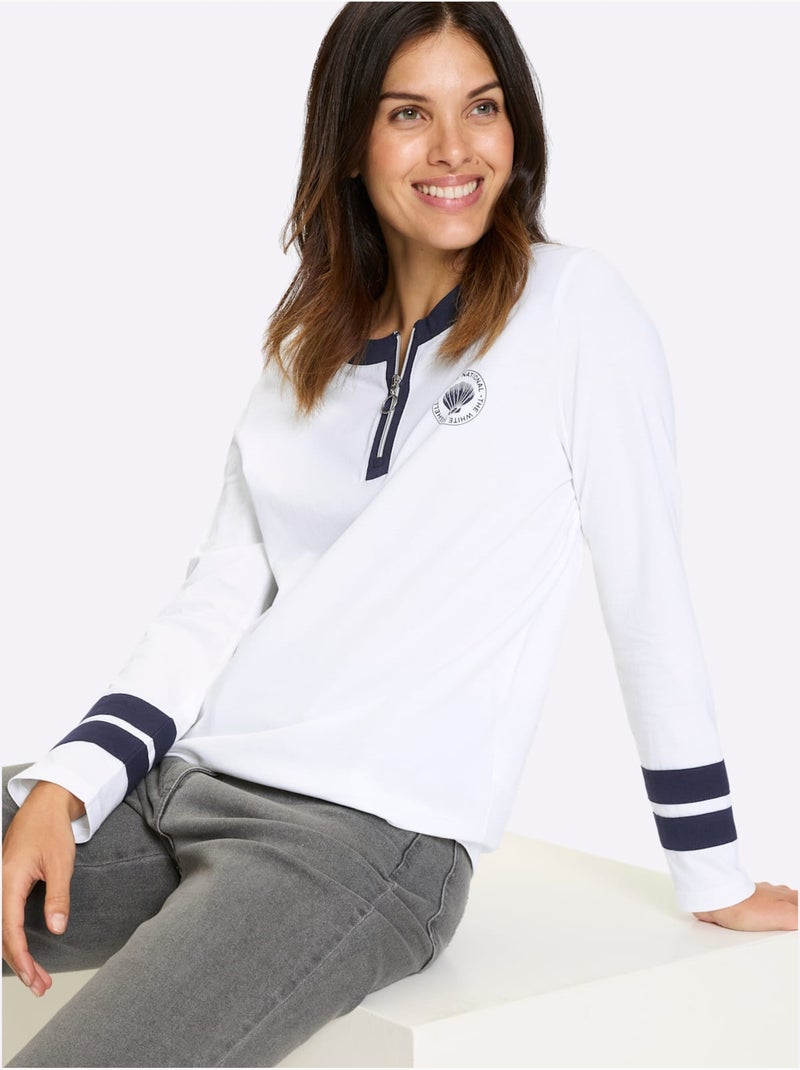 T-shirt à Manches Longues Jolis Contrastes - Taille Standard - Moda Vilona Blanc Bleu marine - Kiabi